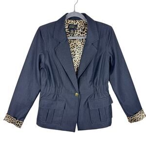 IMAN Black Leopard Print Single Breasted Button Front Lined Blazer Pockets Sz M